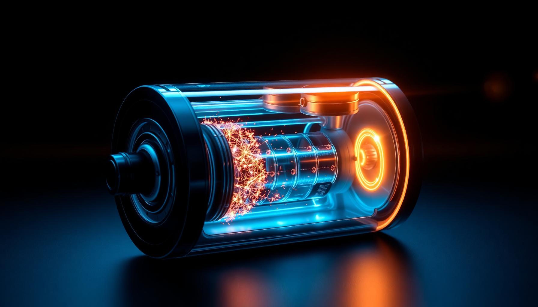 Batteriezelle im Cutaway mit Energieflussvisualisierung — KI-generierte Szene für KI-Produktfilm Automotive E-Mobility