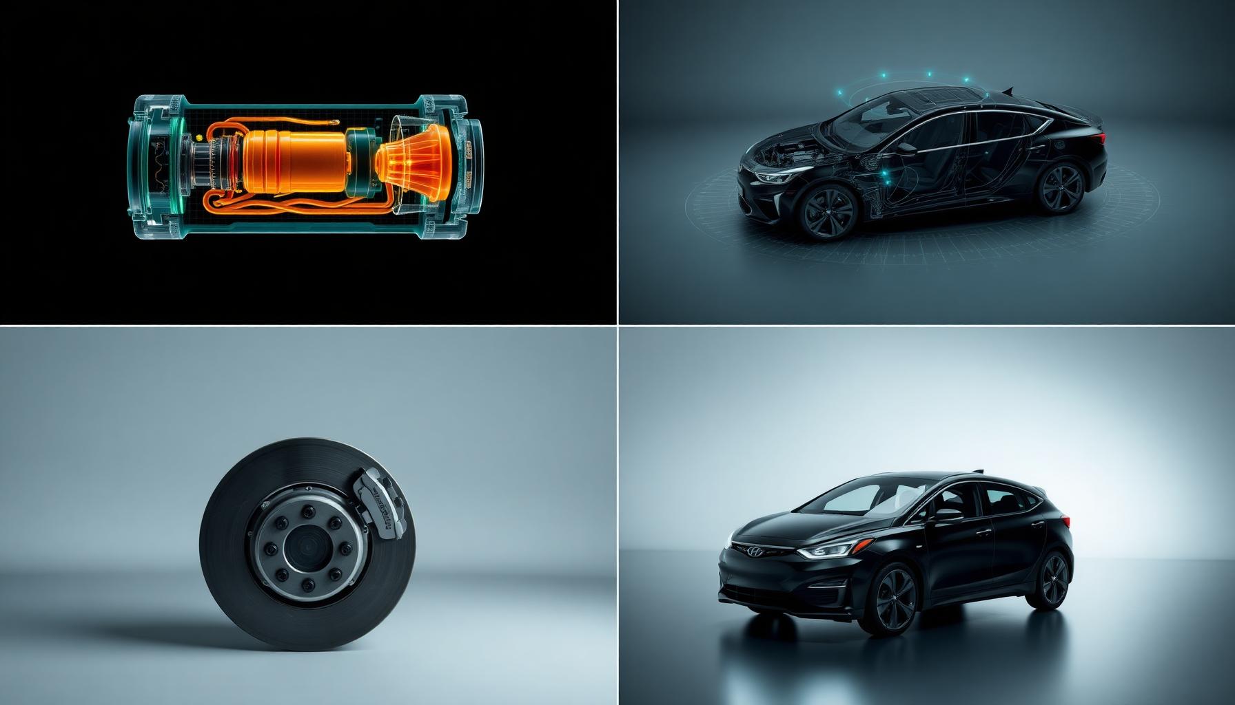 Vier Keyframes für KI-Videoproduktion Automotive: Plattform, Batteriezelle, Sensor-Fusion, Hero-Fahrzeug