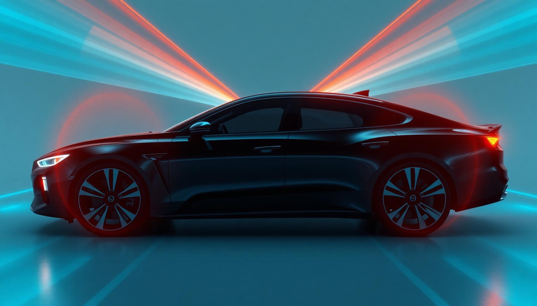 Fahrzeug mit ADAS-Sensor-Fusion-Overlays — KI-generiertes Szenenbild für KI-Erklärfilm autonomes Fahren
