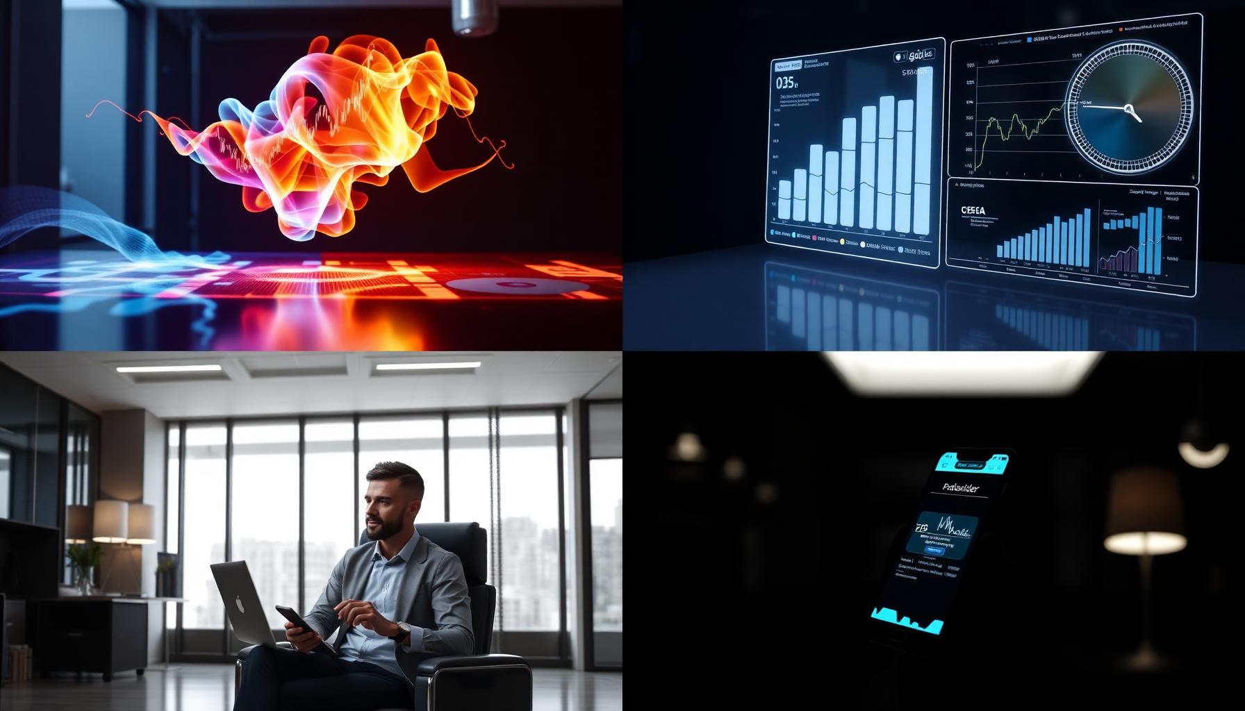 Vier Keyframes für KI-Videoproduktion Finanzen: Bankgebäude, Dashboard-Cockpit, Beratung, Datenstrom