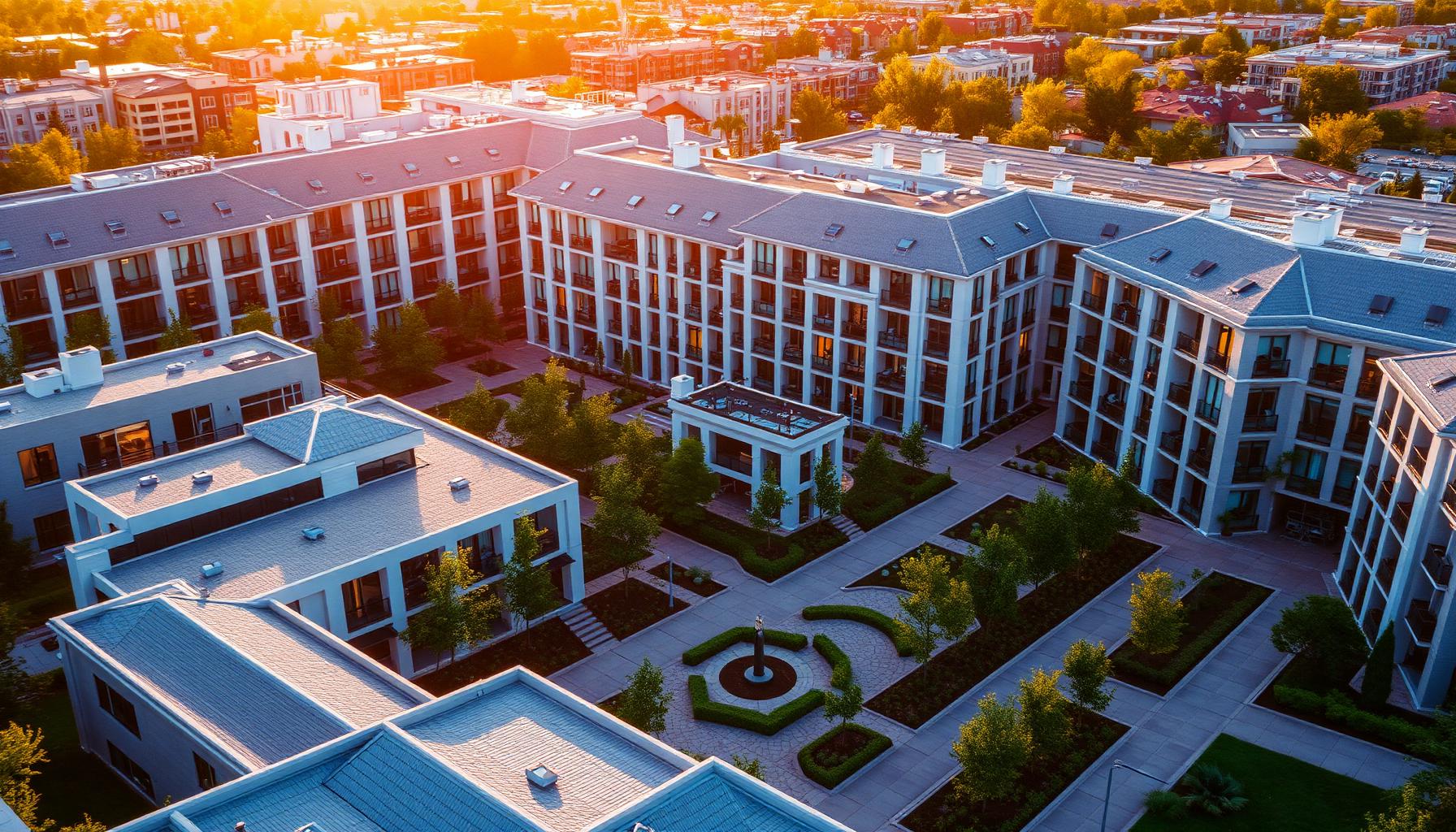 Luftaufnahme eines neuen urbanen Quartiers im Goldlicht — KI-generierte Szene für KI-Vermarktungsfilm Projektentwicklung