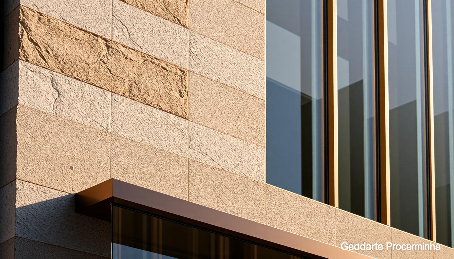 Hochwertige Gebäudefassade mit Naturstein und Bronze — KI-generierte Szene für KI-Investorenfilm Real Estate