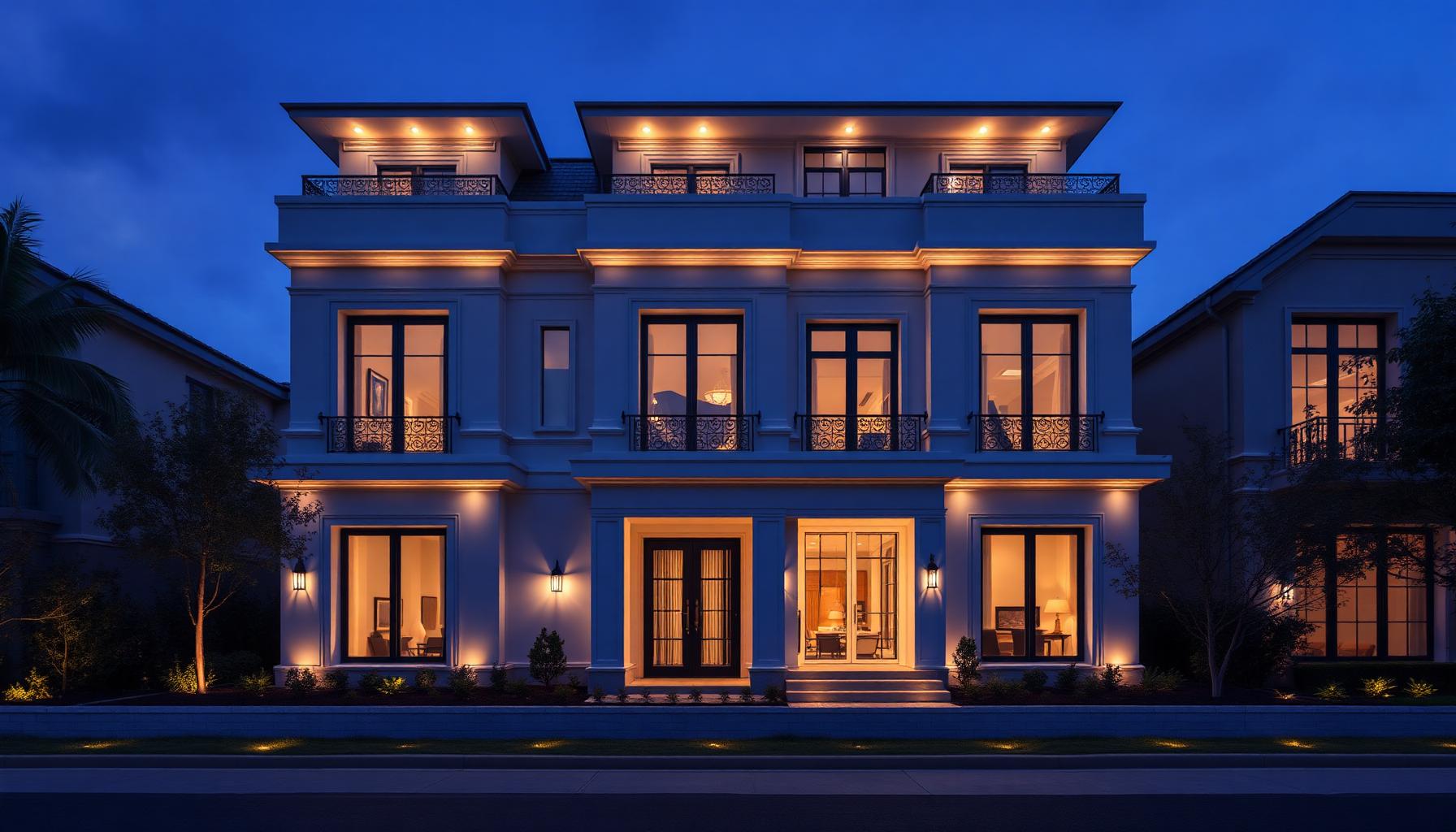 Hero-Frame des fertigen KI-Vermarktungsfilms Immobilien: Premium-Gebäude in der blauen Stunde
