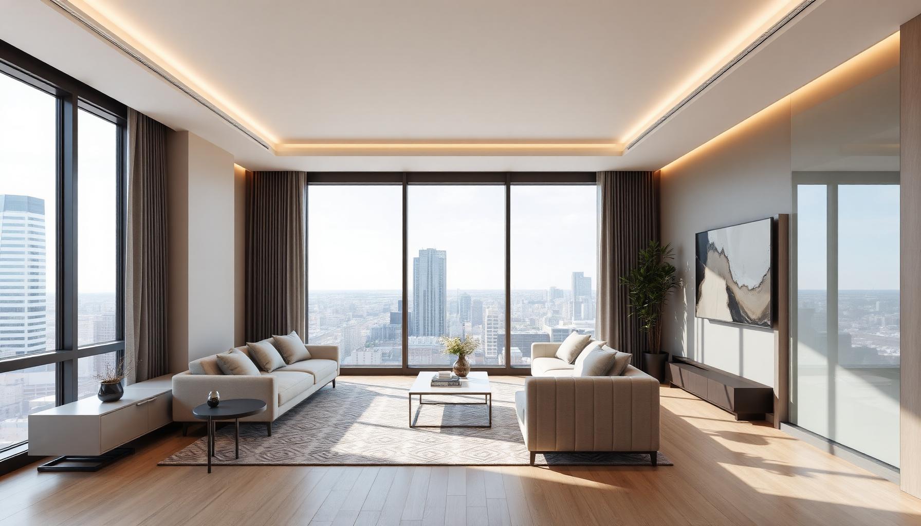 Walkthrough durch ein Premium-Apartment mit Skyline-Blick — KI-generiertes Szenenbild für KI-Vermarktungsfilm Immobilien