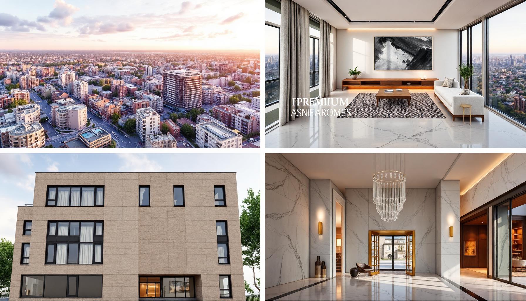 Vier Keyframes für KI-Videoproduktion Immobilien: Luftbild, Innenraum, Fassade, Lobby