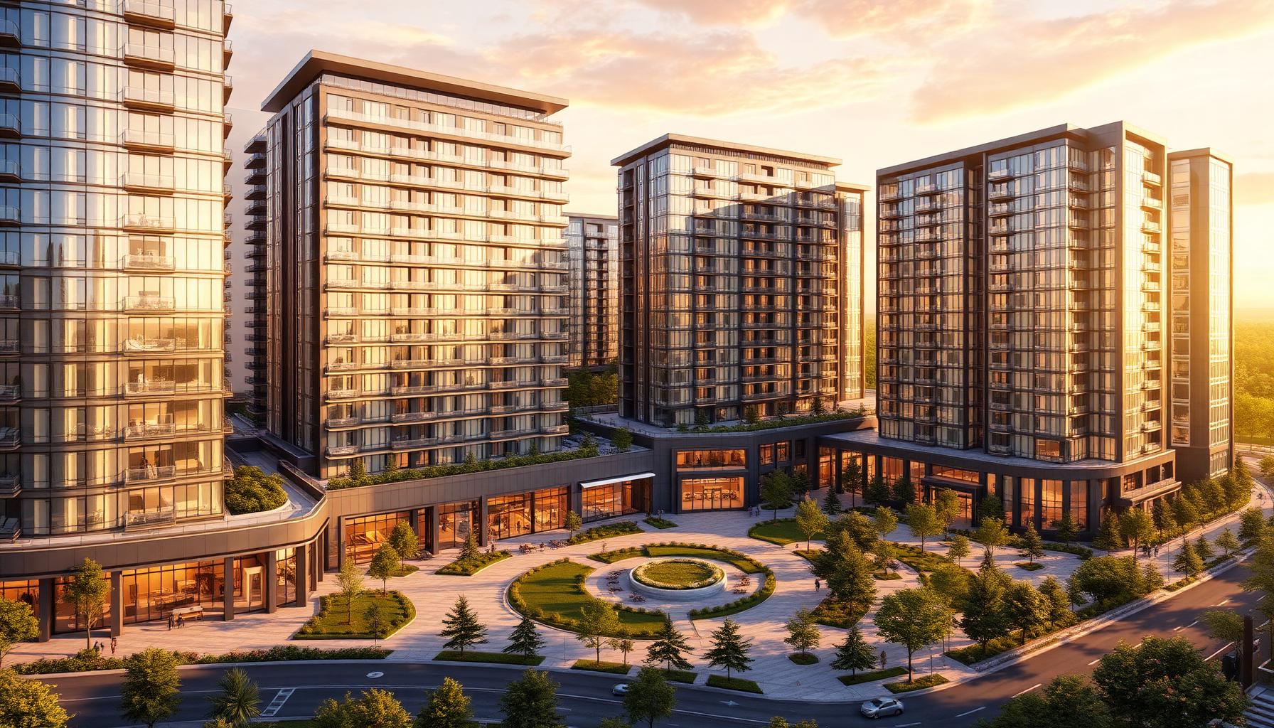 Architektur-Rendering eines Premium-Stadtquartiers ab 5 Mio. Euro — KI-generiertes Ausgangsbild für KI-Videoproduktion Projektentwicklung