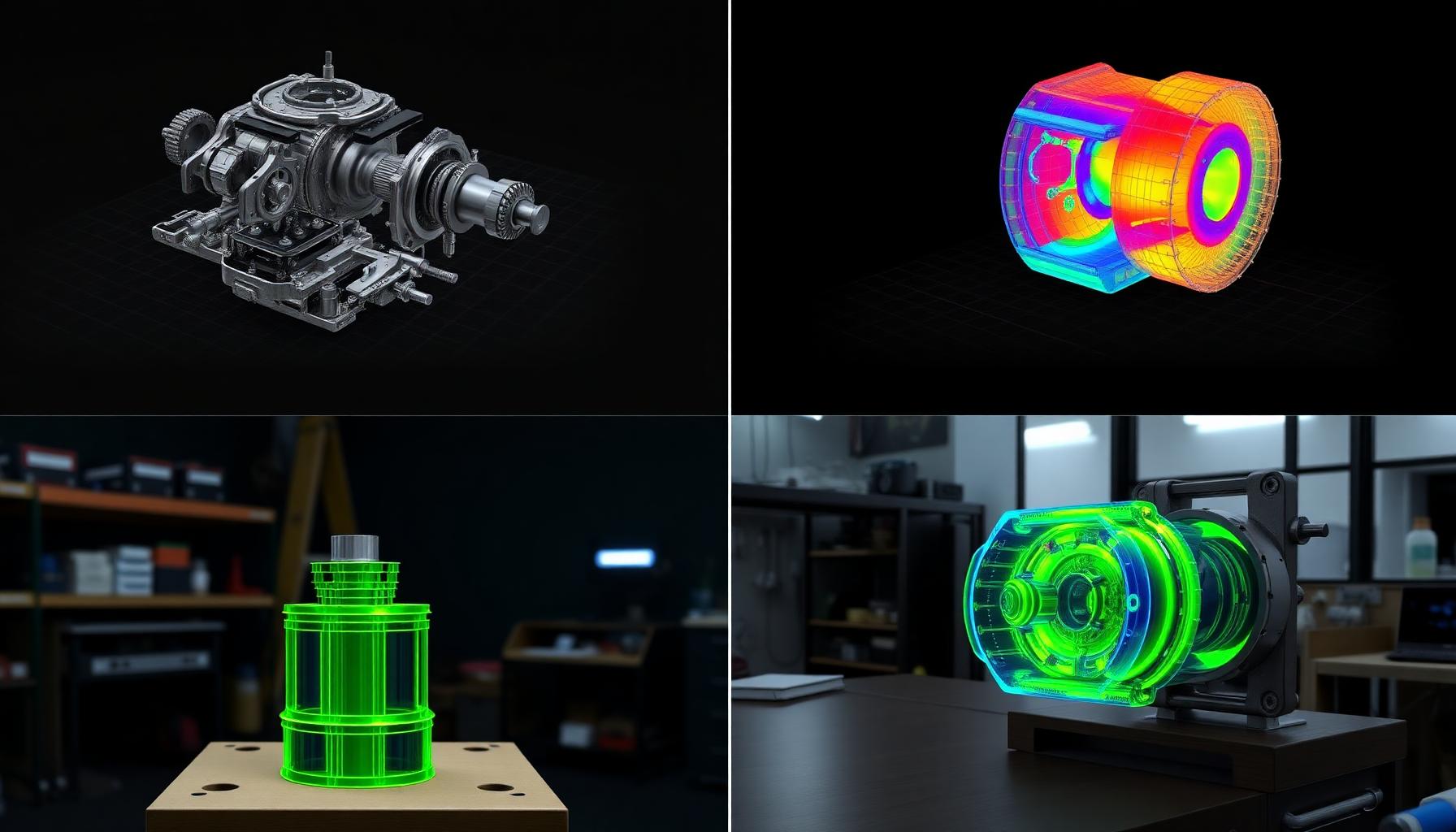 Vier Keyframes für KI-Videoproduktion Ingenieurwesen: CAD-Master, FEM-Simulation, Schnittansicht, Anlagen-Hero