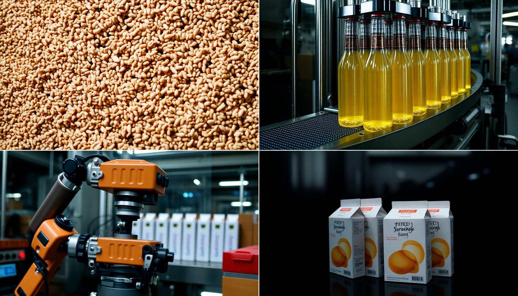 Vier Keyframes für KI-Videoproduktion Lebensmittel: Linie, Hero-Makro, Hygienezone, Sortenpalette