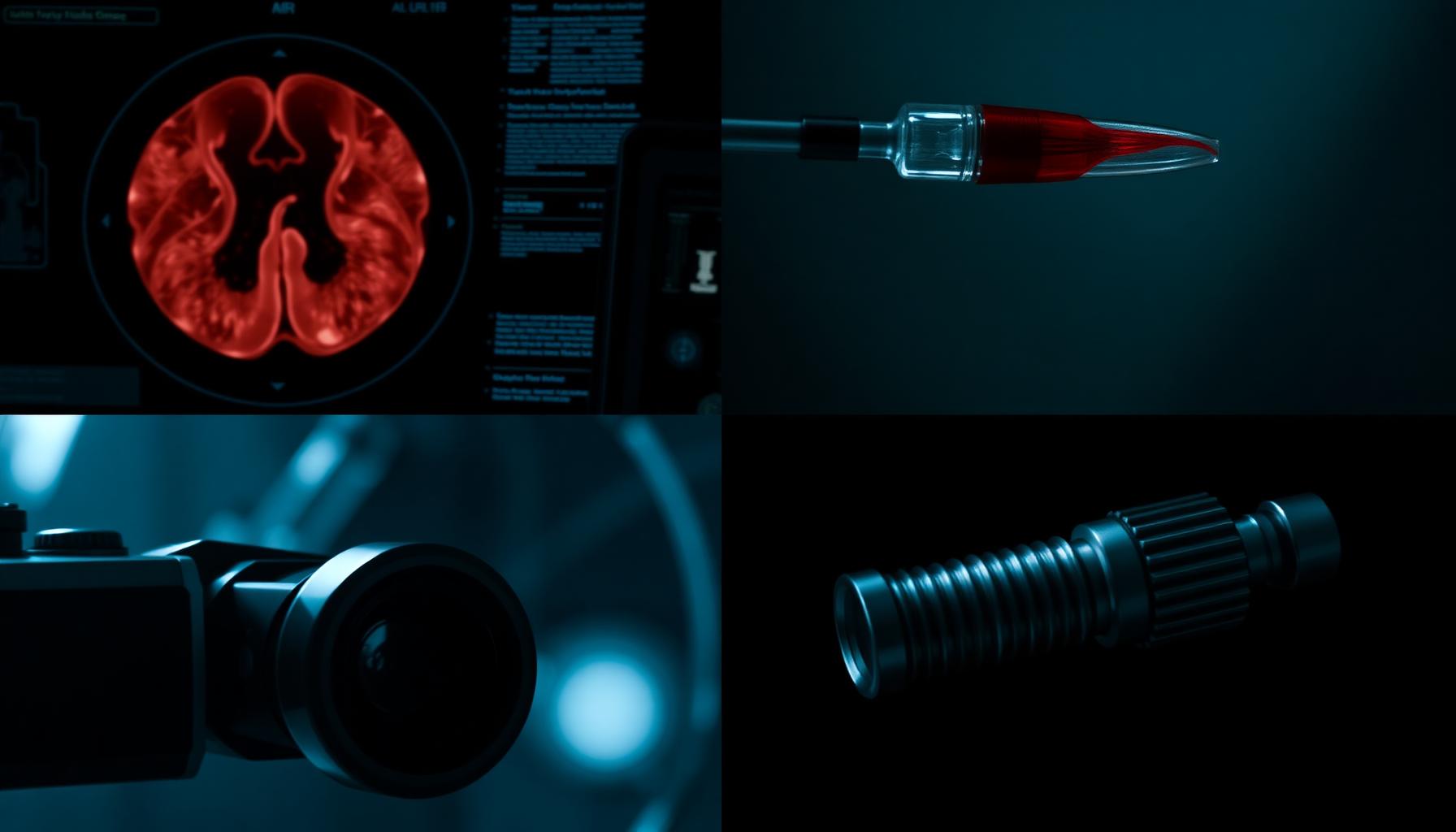 Vier Keyframes für KI-Videoproduktion Medizintechnik: MRT-Schnitt, Katheter-Makro, Endoskop-Sicht, Implantat-Hero