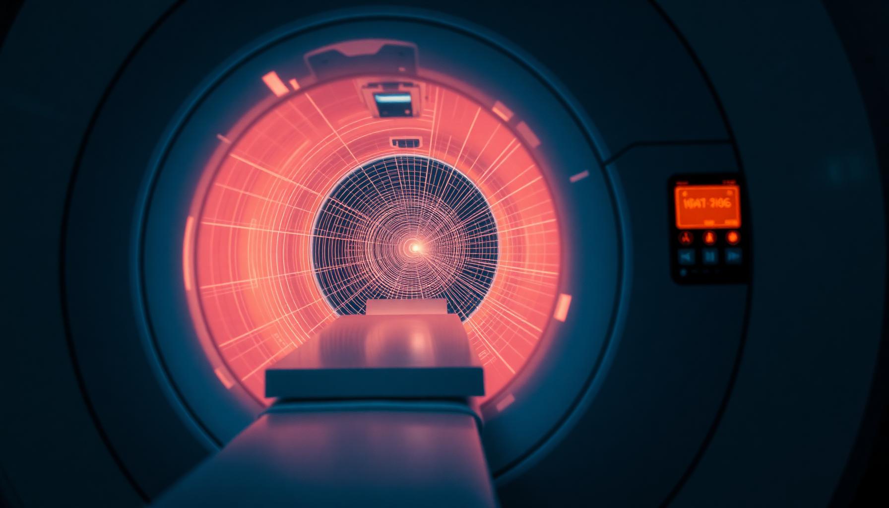 MRT-Innenansicht mit Magnetfeldvisualisierung — KI-generierte Szene für KI-Videoproduktion Medizintechnik
