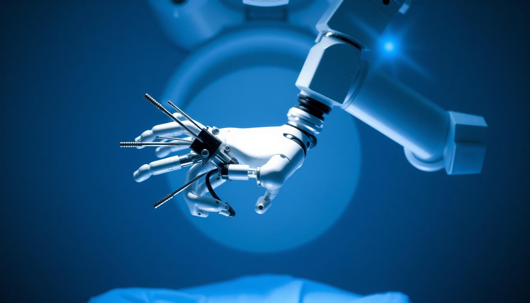 Chirurgischer Roboterarm im sterilen OP-Saal — KI-generiertes Szenenbild für KI-Produktfilm Medizintechnik