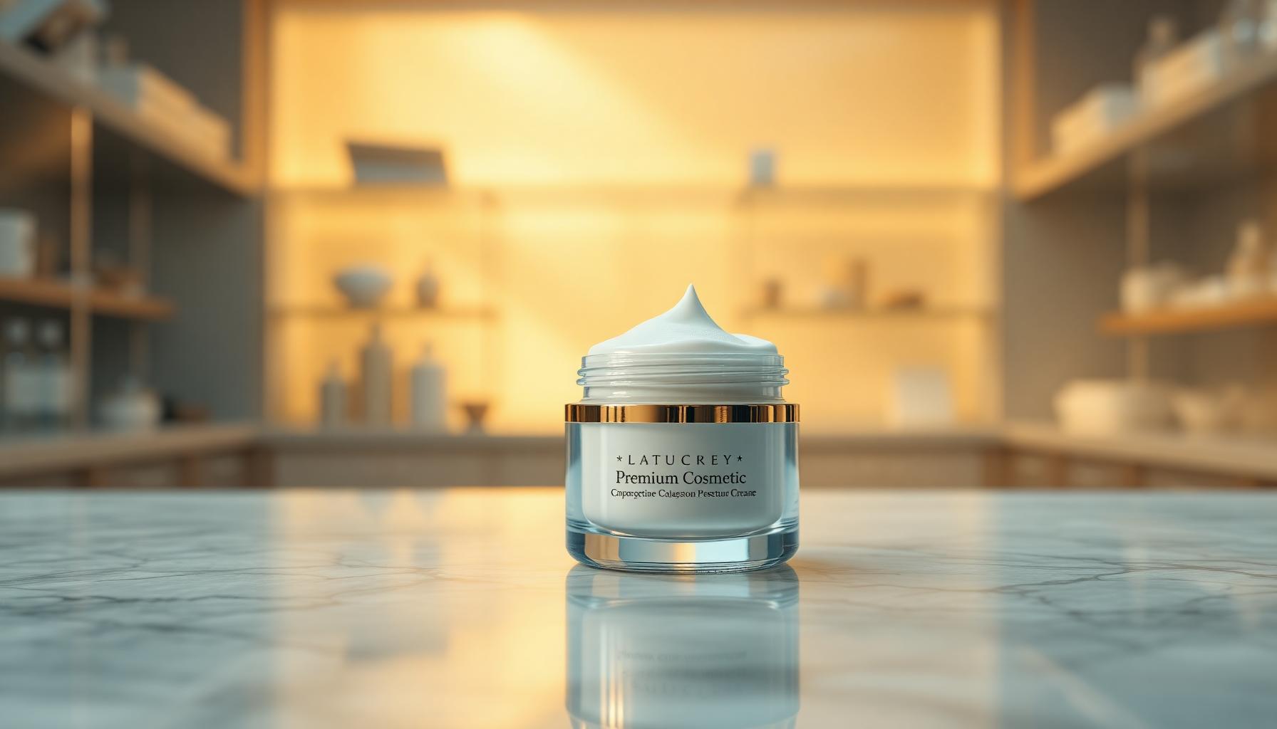 Premium-Cremedose im Hero-Licht — KI-generiertes Ausgangsbild für KI-Videoproduktion Pflege und Kosmetik