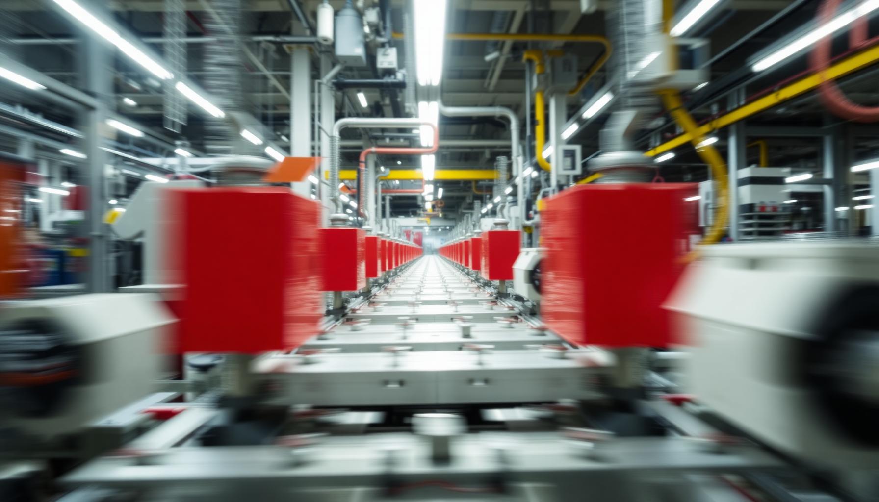 Fließband-Totale in moderner Werkshalle mit IoT-Sensorik — KI-generierte Szene für KI-Werksfilm produzierende Industrie