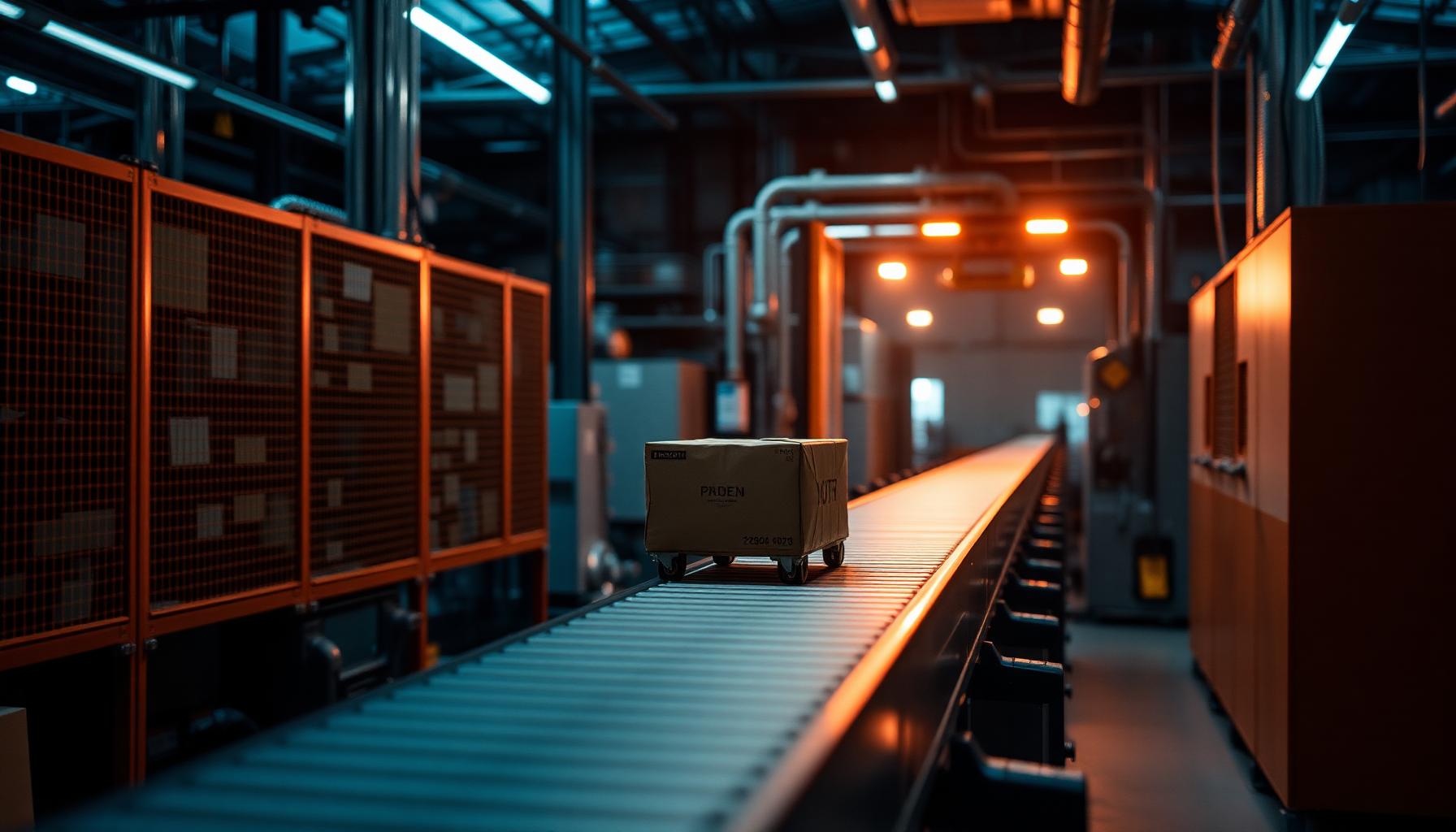 Hero-Frame des fertigen KI-Films für produzierende Industrie: Werkshalle in cineastischem Industrielicht