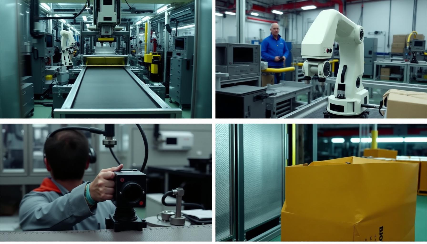 Vier Keyframes für KI-Videoproduktion produzierende Industrie: Halle, Fließband, Roboterzelle, OEE-Dashboard