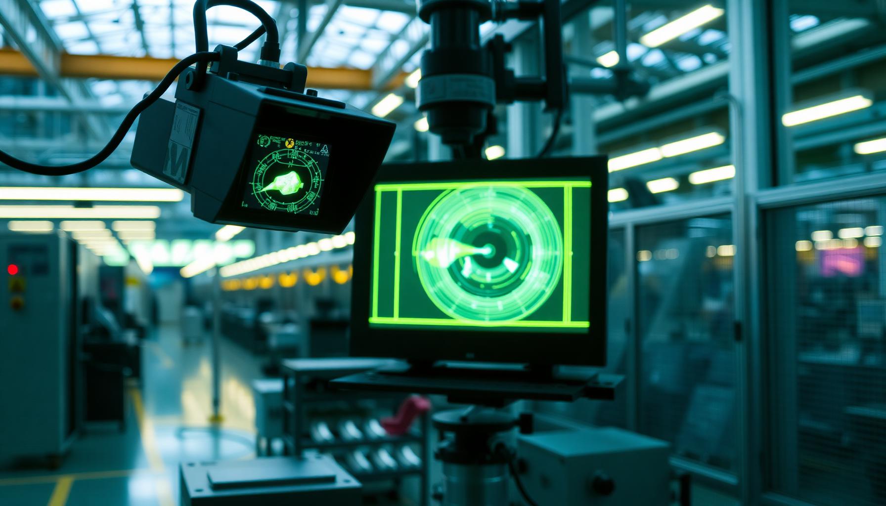 Live-OEE-Dashboard mit KPIs als Overlay über Werkshalle — KI-generierte Szene für KI-Erklärfilm Industrie 4.0