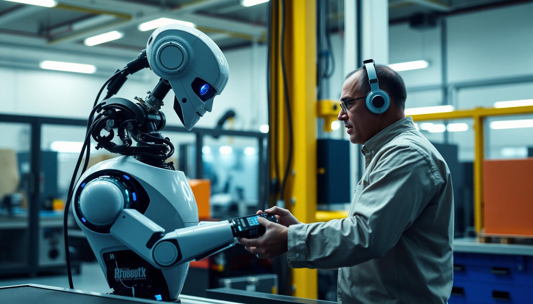 Roboterzelle im Detail mit Greifer und Materialfluss — KI-generierte Szene für KI-Imagefilm Smart Factory