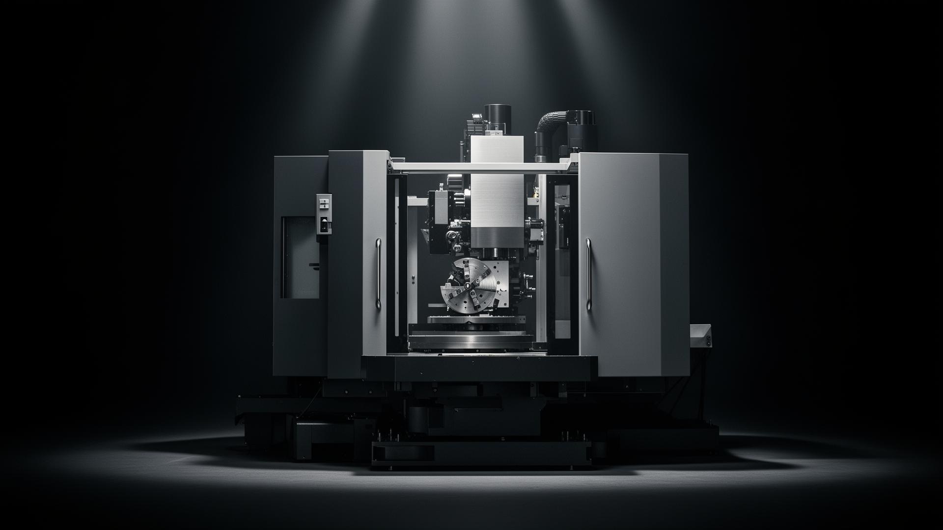 Hero-Frame des fertigen KI-Industriefilms: eine hochwertige Werkzeugmaschine im dramatischen Studiolicht vor dunklem Hintergrund