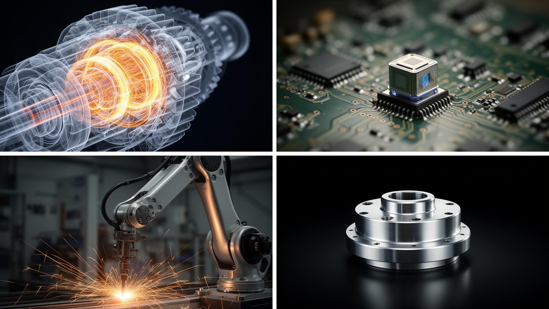 Vier einzelne Schlüsselbilder einer Industrie-KI-Filmproduktion: Röntgenansicht eines Getriebes, Sensor-Makro, Schweißroboter, Hero-Shot eines Maschinenbauteils