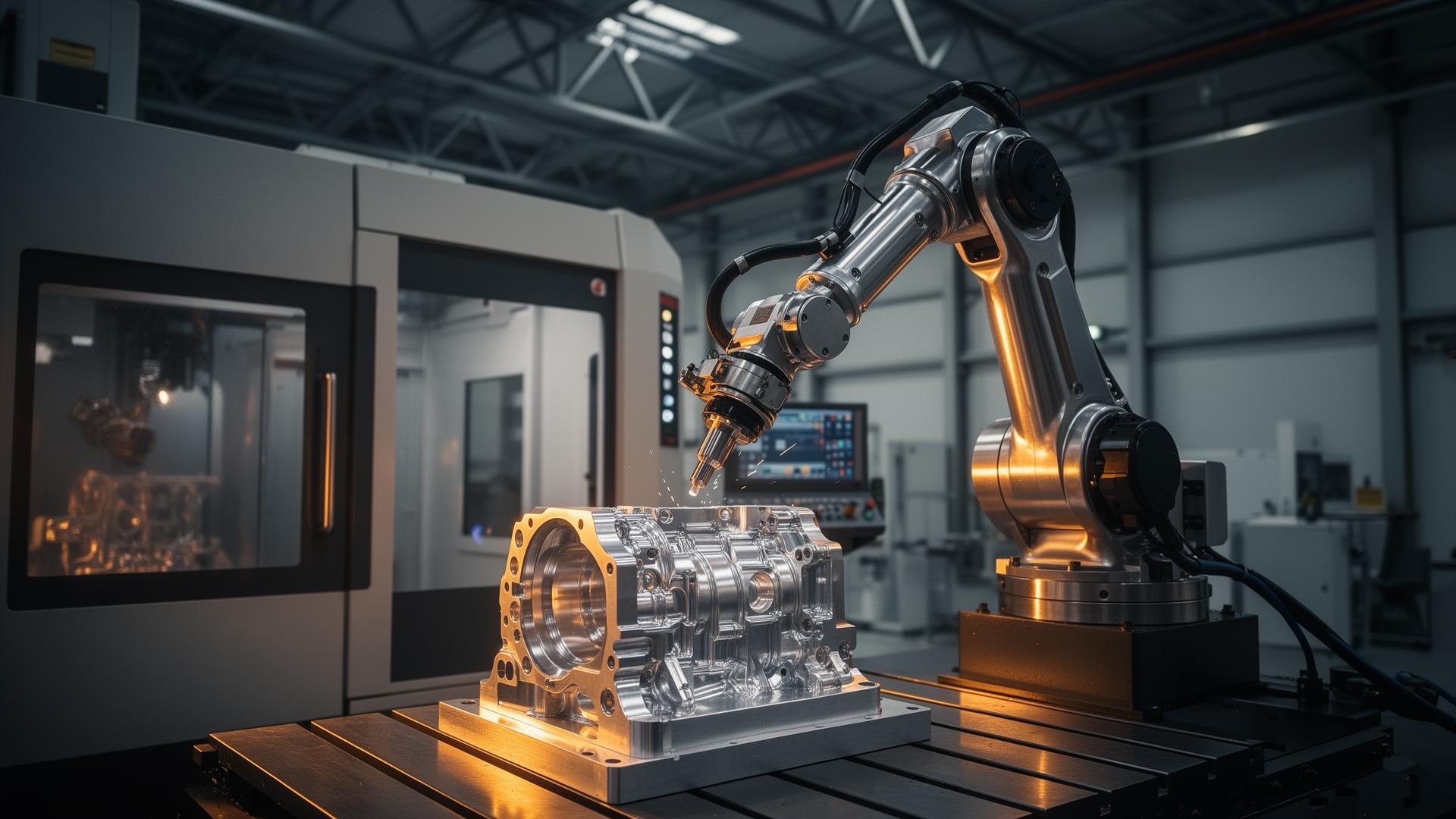 CNC-Bearbeitungszentrum mit Roboterarm in moderner Industriehalle als Ausgangsbild für die KI-Videoproduktion