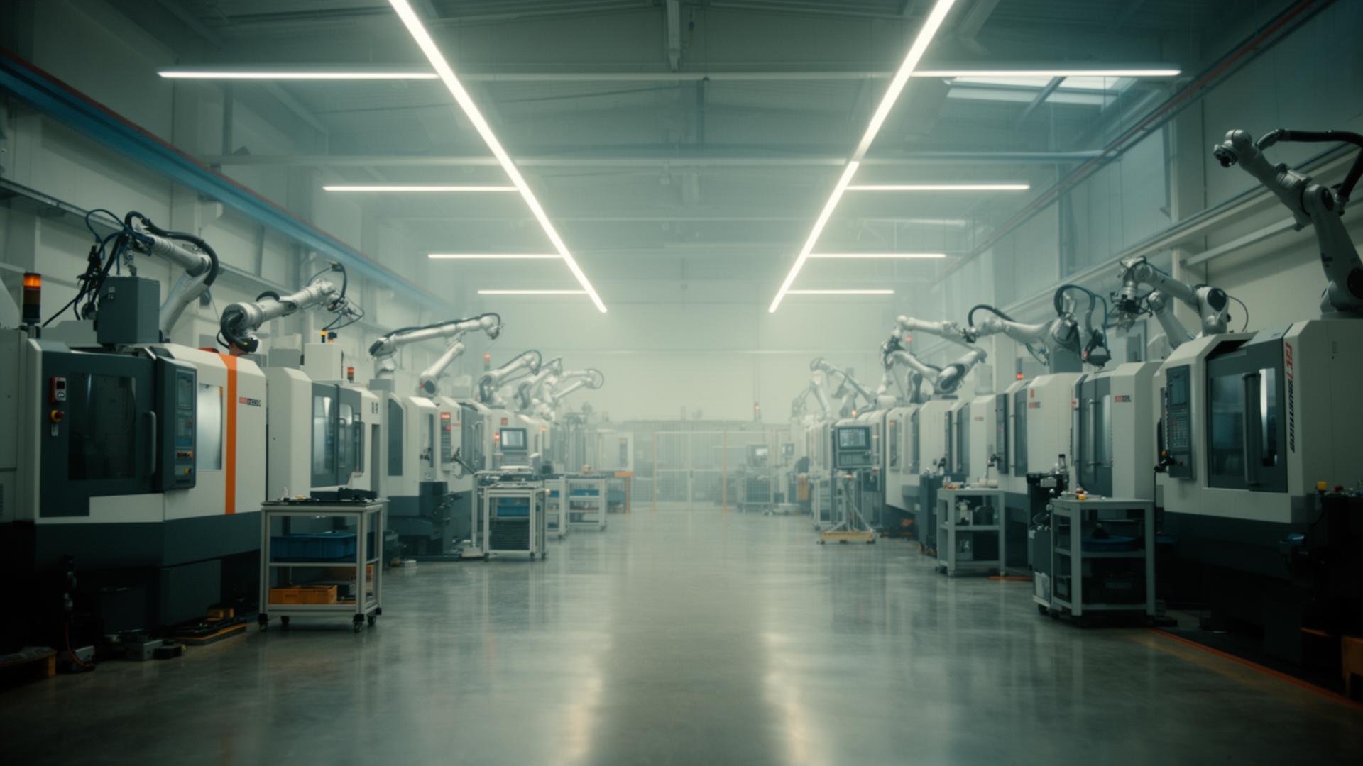 KI-generierte Anlagentotale einer modernen Fertigungshalle mit CNC-Maschinen und Roboterarmen, fotorealistischer Film-Still im 35-mm-Look