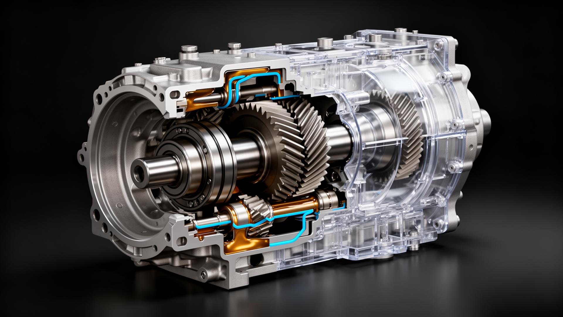 KI-generierter Cutaway eines Industriegetriebes mit sichtbaren Zahnrädern, Lagern und Ölkanälen, halbtransparentes Gehäuse vor dunklem Hintergrund