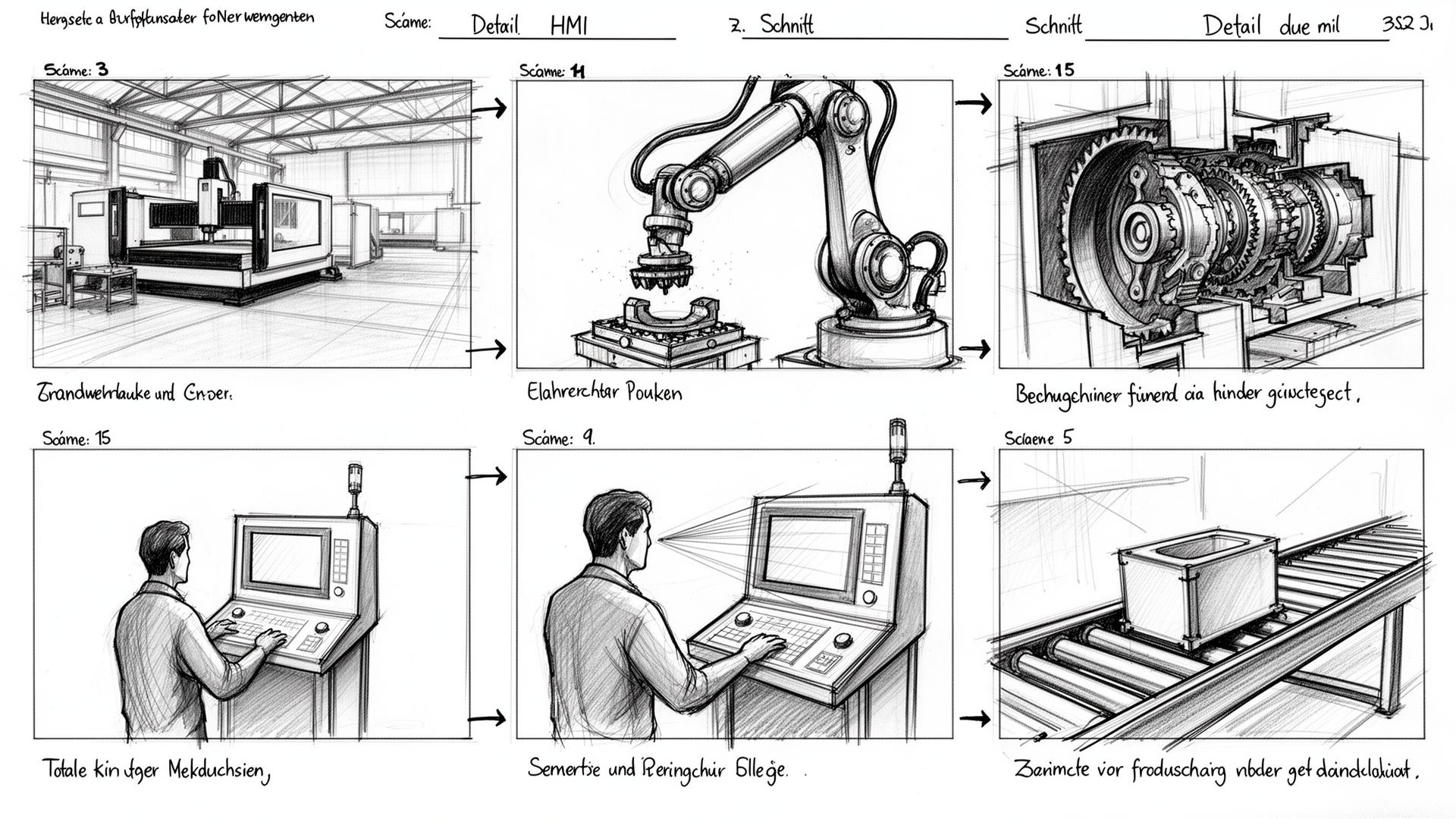 Handgezeichnetes Storyboard mit sechs Panels für einen Branchen-Film
